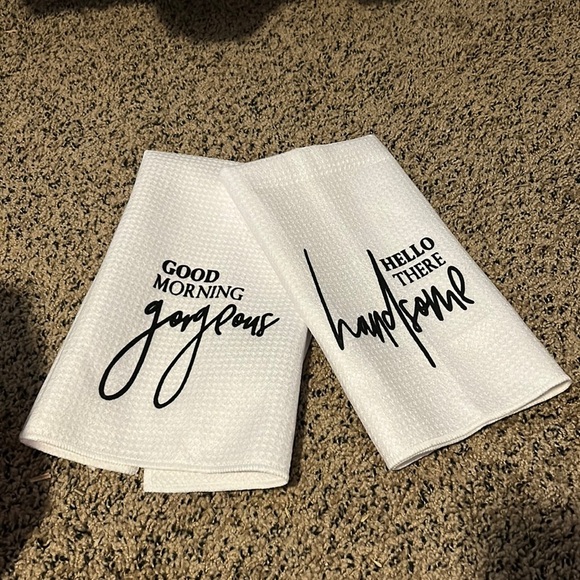 Good Morning Gorgeous, Hello There Handsome Hand towels. Set of 2 NEW - Picture 1 of 1